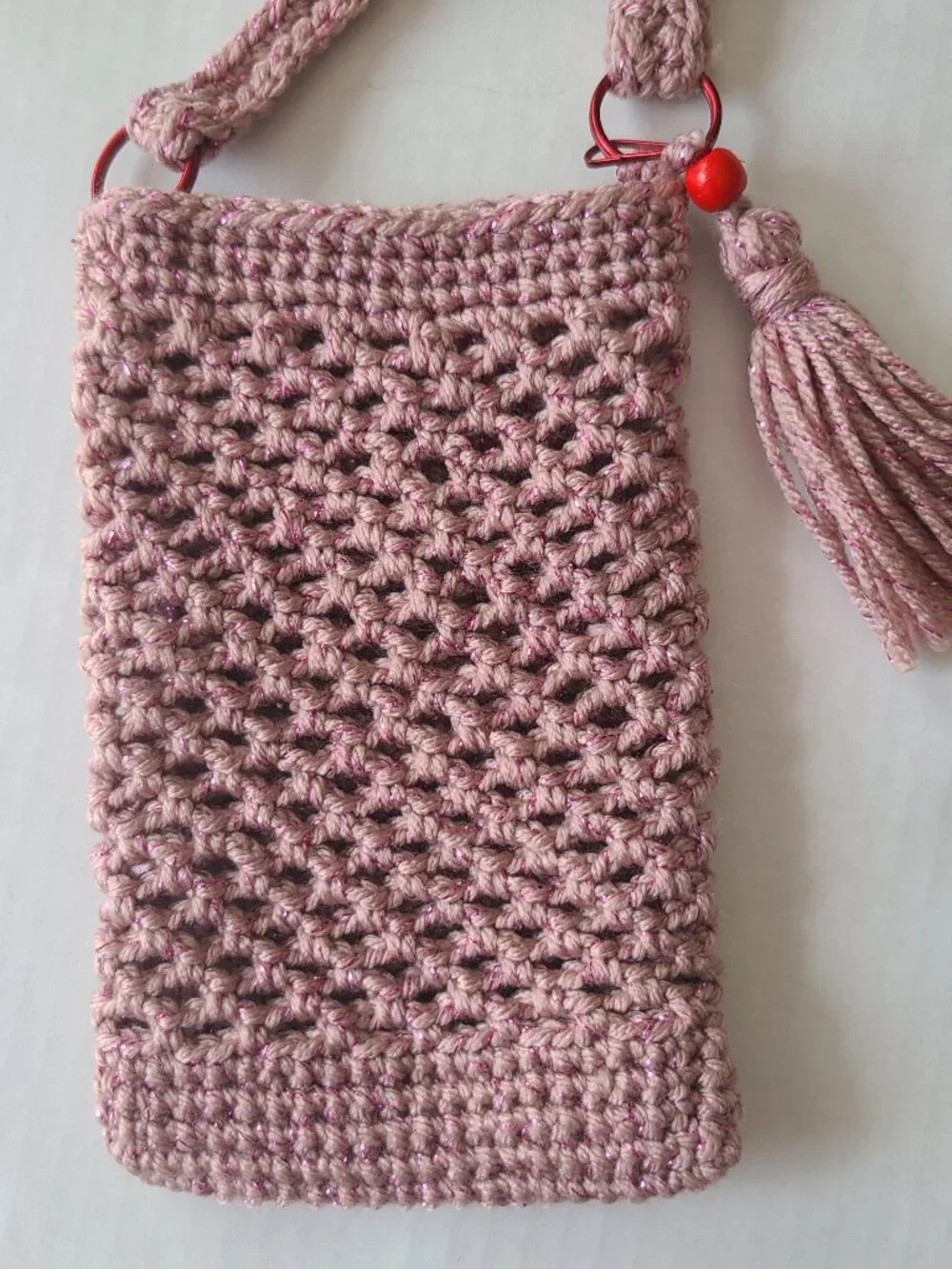 Handmade Hand Crochet Cell Phone Case Holder Crossbody Bag Dust Rose Charm